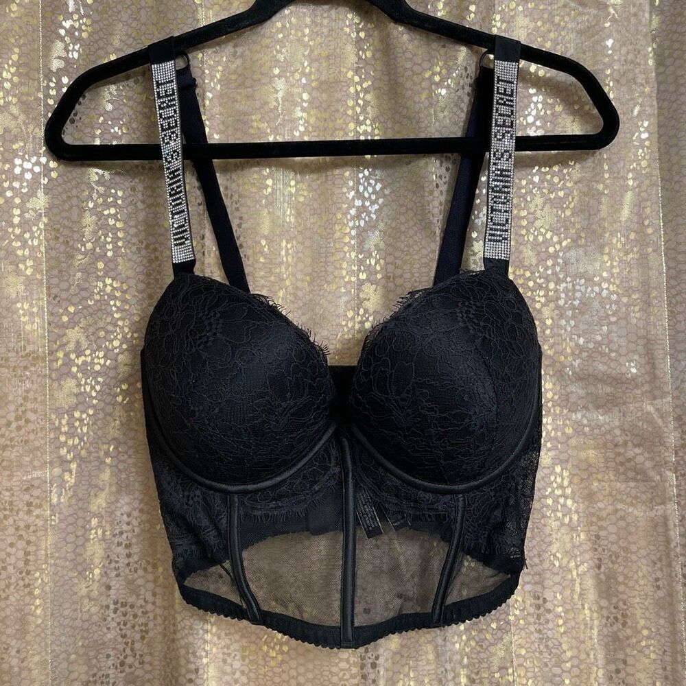 Victoria’s Secret Black Rhinestone Strap Pushup Corset Bra Top 34DD